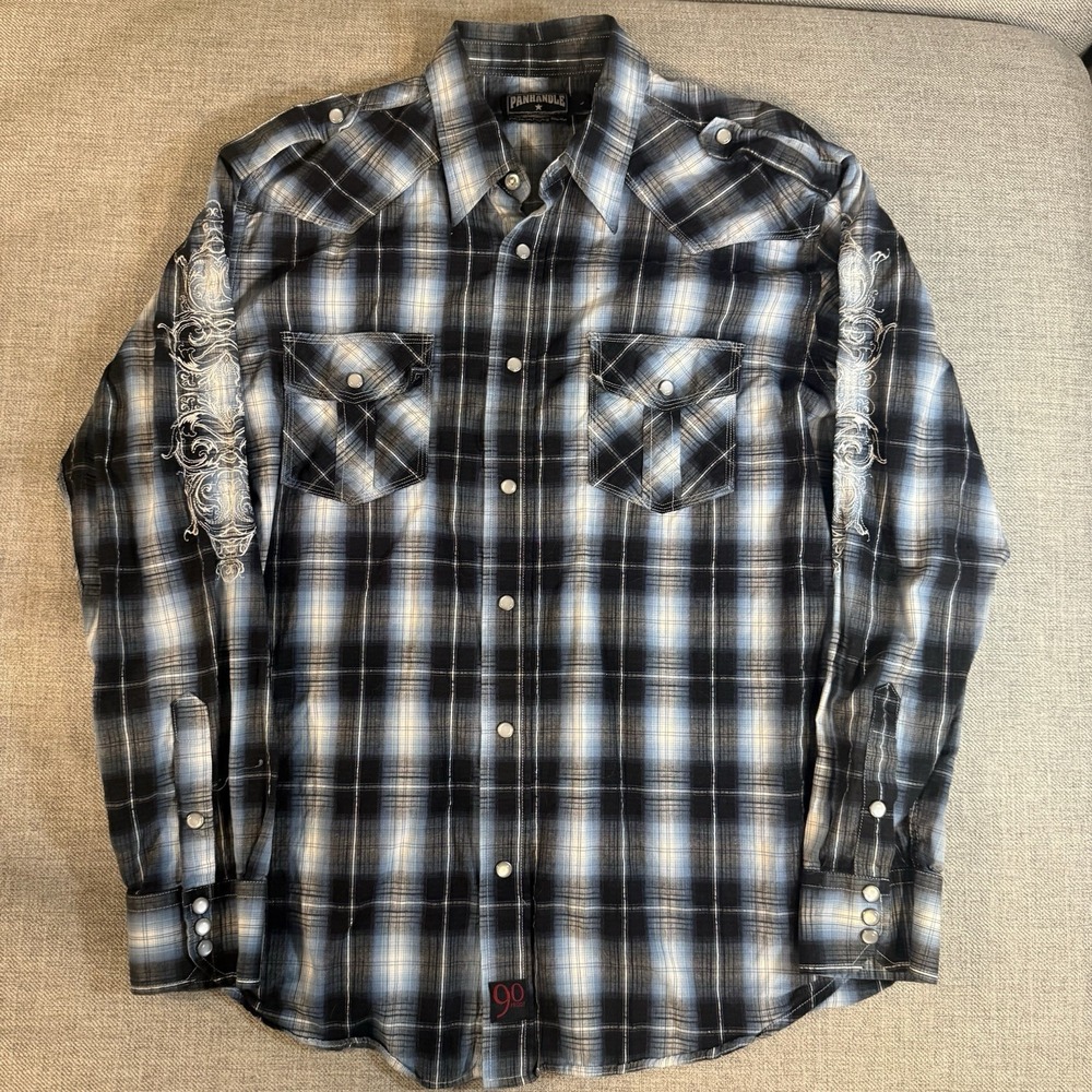 Panhandle Slim L Western Shirt Blue Plaid Snap Embroidered Cotton